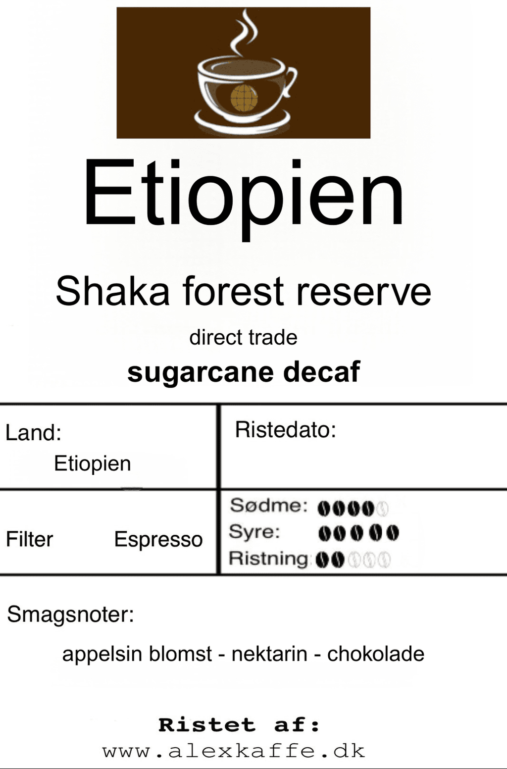 Etiopien Sheka forest reserve - direct trade koffeinfri Espresso