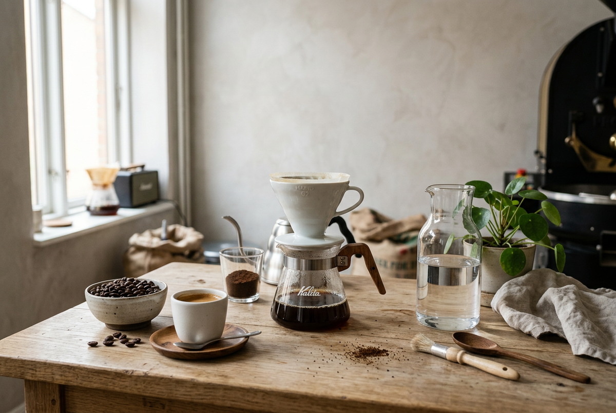 Kaffebønner, espresso, filterkaffe og vand i et lyst nordisk miljø